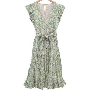 Dear Georgie Belted Midi Dress Green Orange Print Flutter Sleeve Tiered Size S
